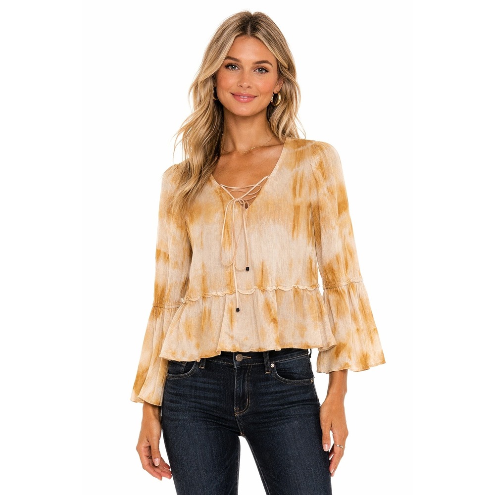 Moon‎ River Boho Lace 100% Cotton Up V-Neck Peplum Top Bell Sleeve S
